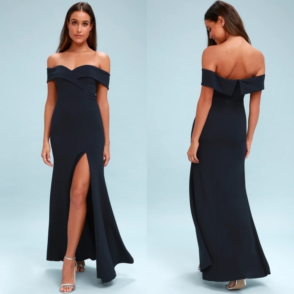 Lulus Song of Love Navy Blue Off-the-Shoulder Maxi Dress M Wedding Party Guest